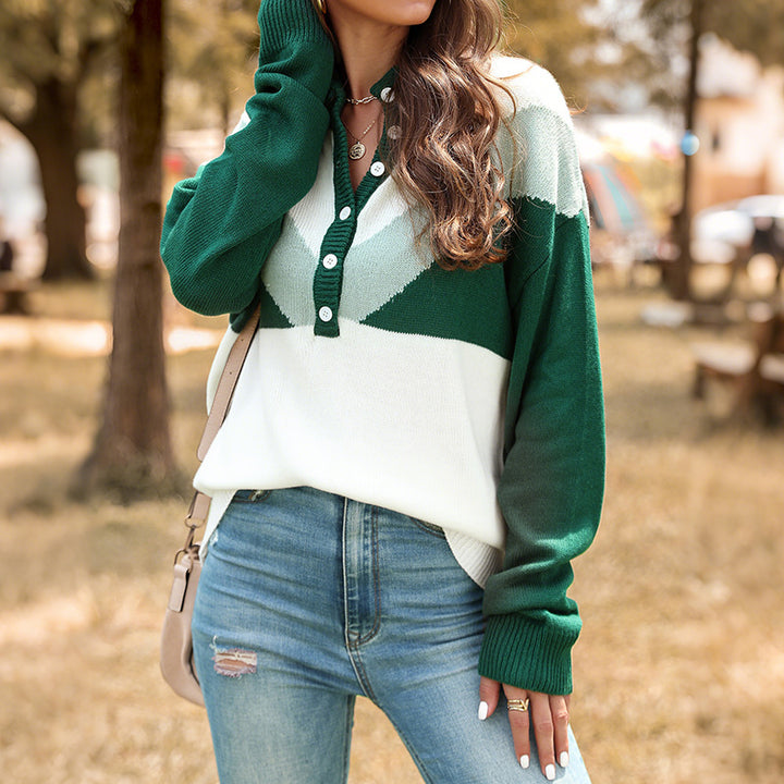 Damen Gemusterter Longsleeve Pullover mit Knopfleiste Drune