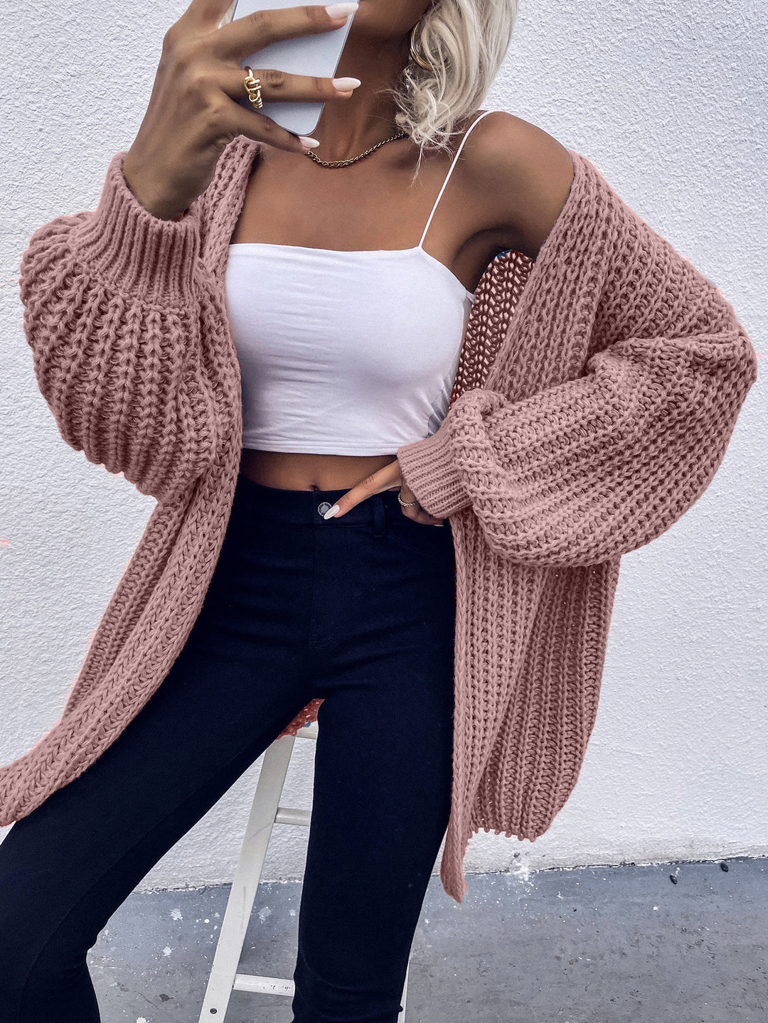 Damen Kuschel-Cardigan im Cocoon-Schnitt mit überlangen Ärmelbündchen und offener Front Drune
