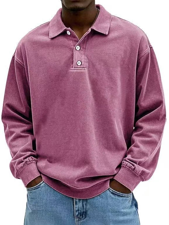 Herren nan lässiges Poloshirt-Sweatshirt mit Kragen, Vintage-Waschung und dreiteiliger Knopfleiste Drune