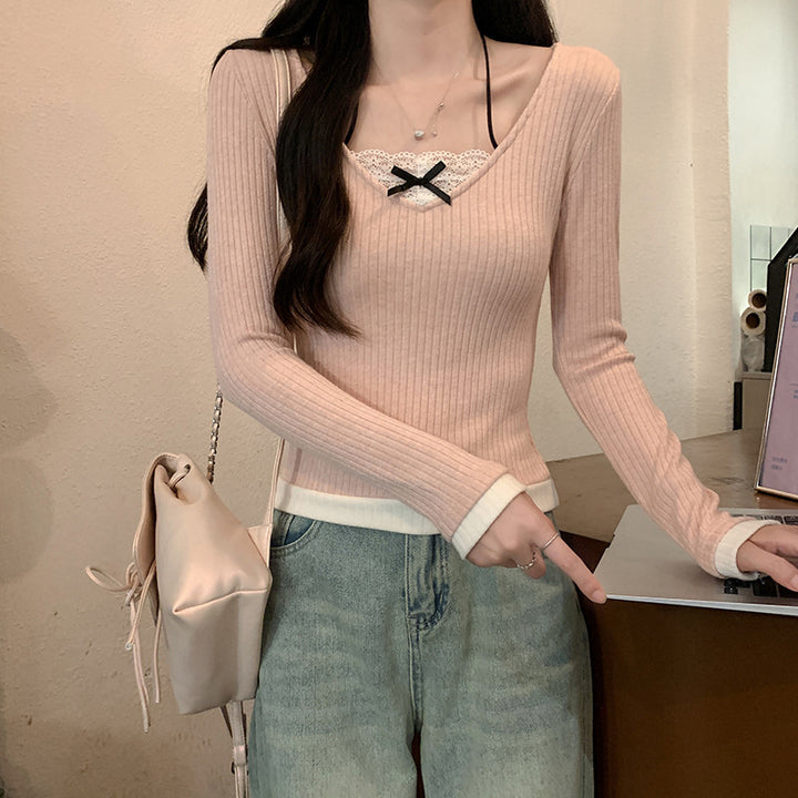 Damen Langarmshirt mit V-Ausschnitt und Spitzenakzenten Drune