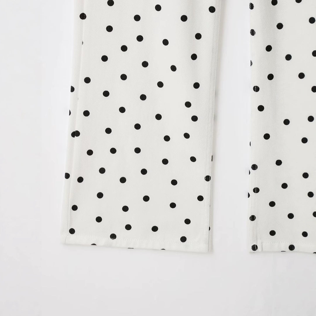 Damen Jeanshose mit weitem Bein, hohem Bund und Polka‑Dot‑Print Drune