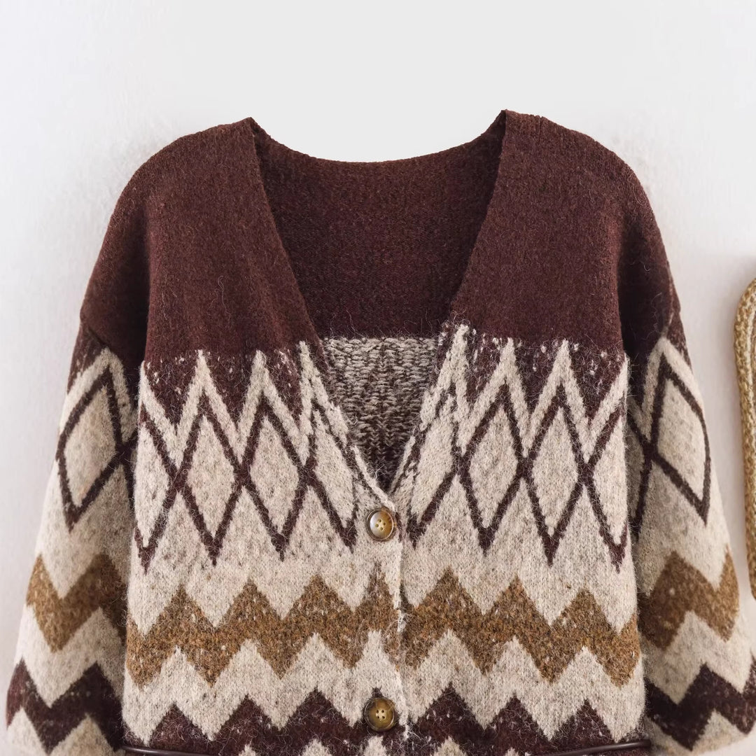 Damen Gemusterte Strickcardigan mit V-Ausschnitt, Knopfleiste und Taillenband Drune