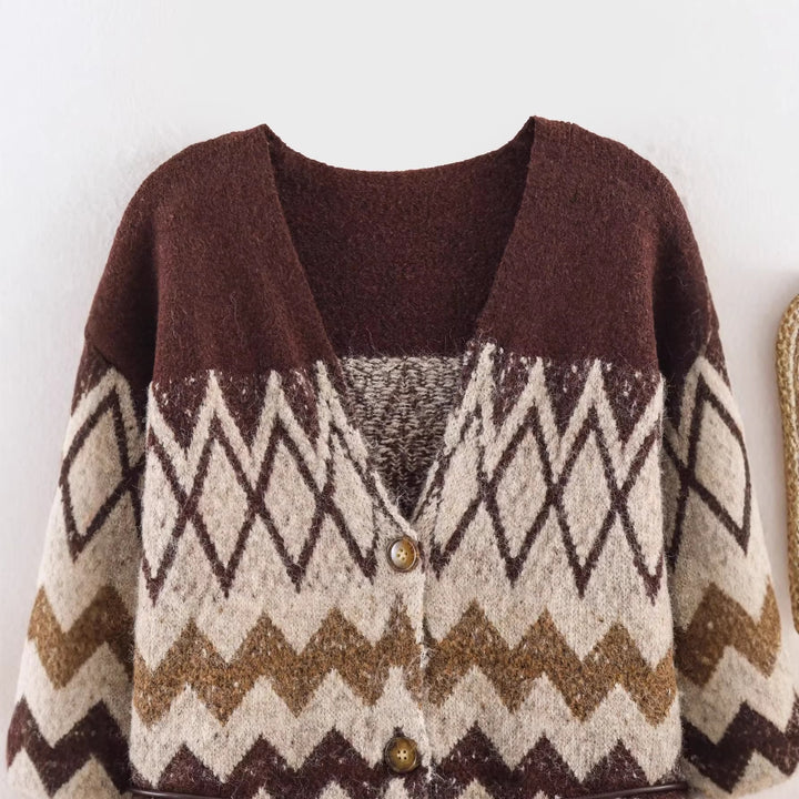 Damen Gemusterte Strickcardigan mit V-Ausschnitt, Knopfleiste und Taillenband Drune