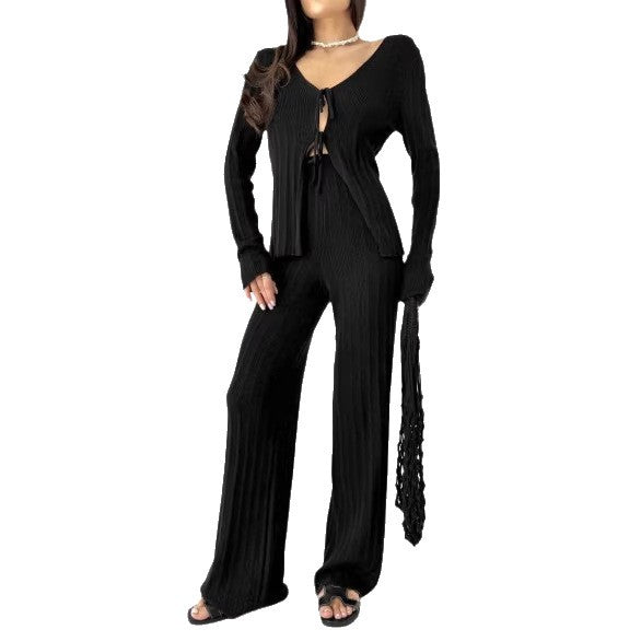 Damen Strickset mit V-Ausschnitt und Kordelzug Drune