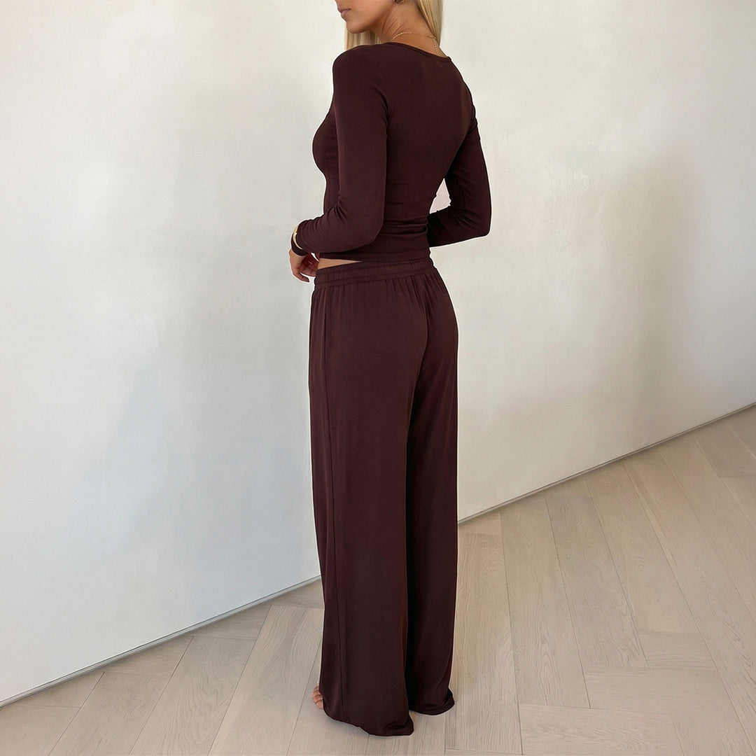 Damen nan elegantes Lounge-Set mit figurbetontem V-Ausschnitt Longsleeve und weiten Relax-Hosen Drune