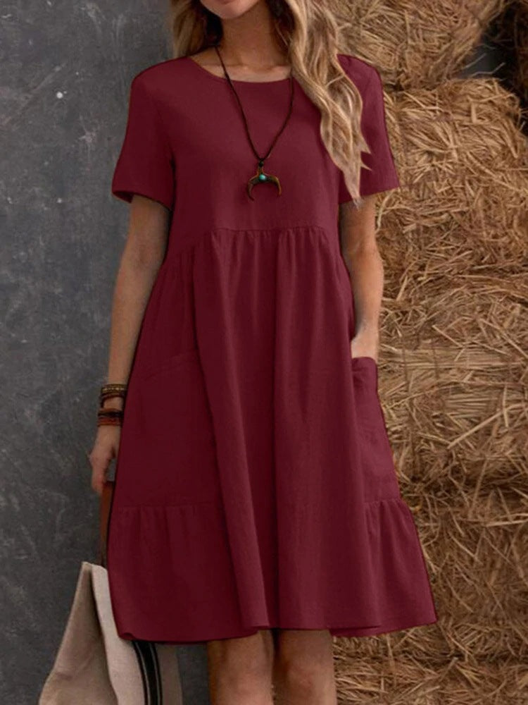 Damen Lockeres Baumwollkleid mit Taschen und Volant Drune