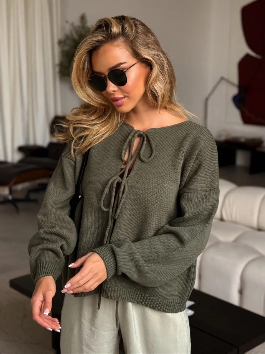 Damen lässiger Strickpullover mit dekorativer Schnürung und weitem Schnitt Drune