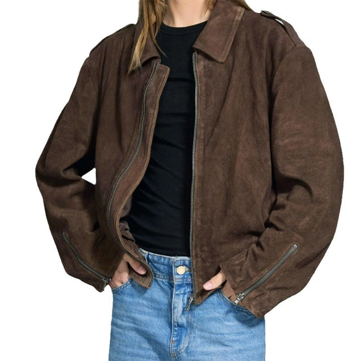 Damen lässige Kurzjacke aus weichem Material mit praktischen Reißverschlüssen Drune
