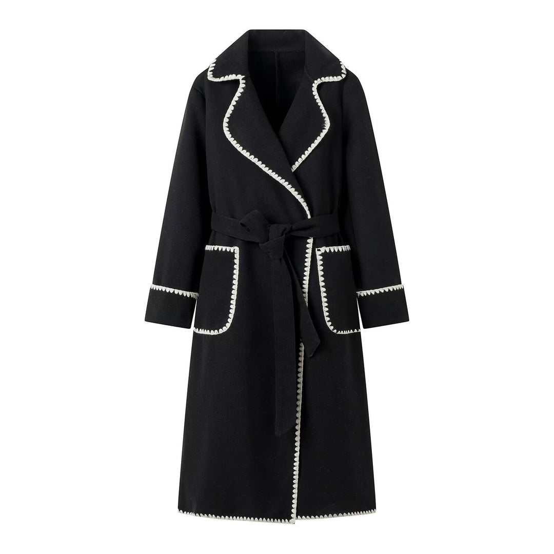 Damen eleganter Langmantel mit taillierbarem Gürtel und kontrastierenden Nähten Drune