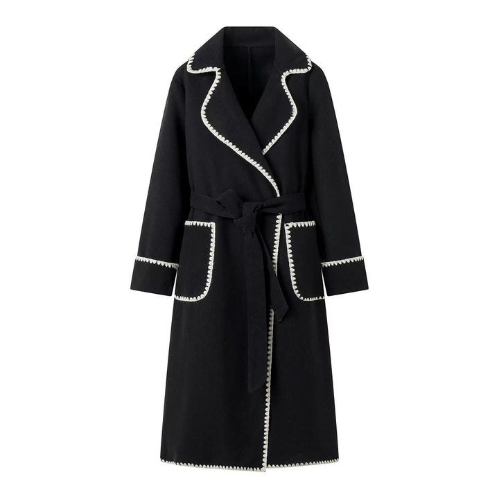 Damen eleganter Langmantel mit taillierbarem Gürtel und kontrastierenden Nähten Drune