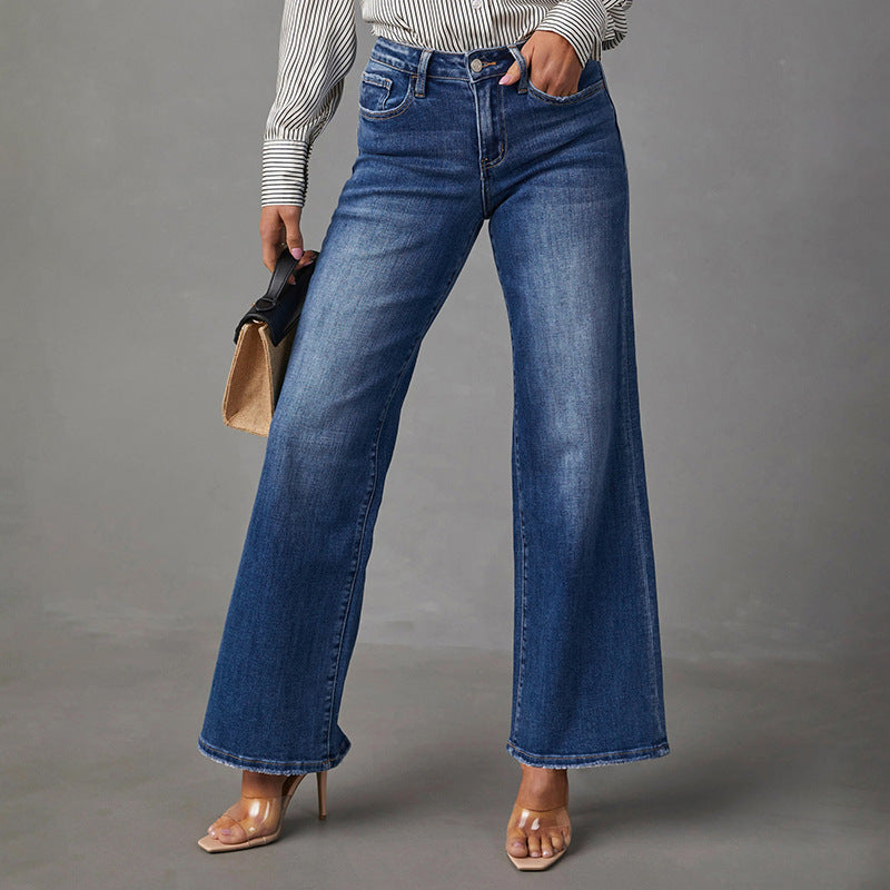 Damen High-Waist Denim-Schlaghose mit weitem Bein und leichter Vintage-Waschung Drune