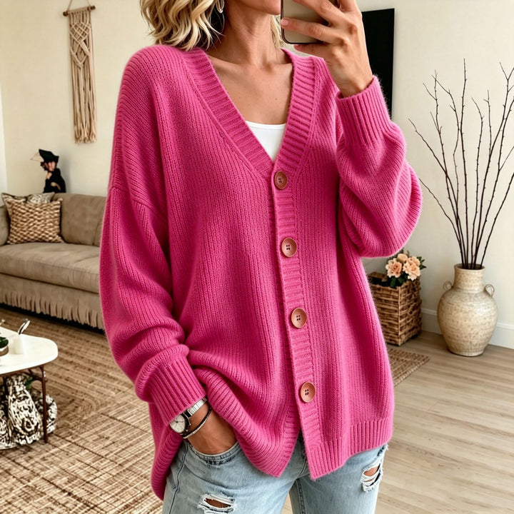 Damen Lockerer Longline-Cardigan mit tiefem V-Ausschnitt und Holzknöpfen Drune