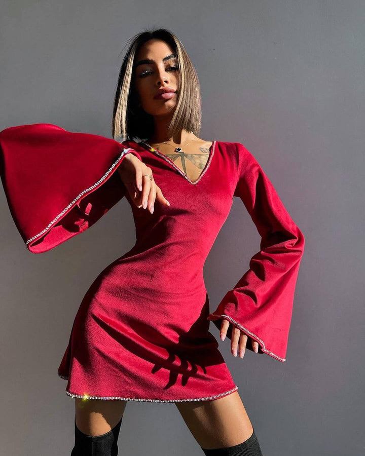 Damen Samt-Minikleid mit ausgestellten Glockenärmeln und Strassbesatz Drune