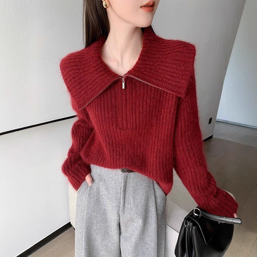 Damen Strickpullover mit großem Kragen und Reißverschluss Drune