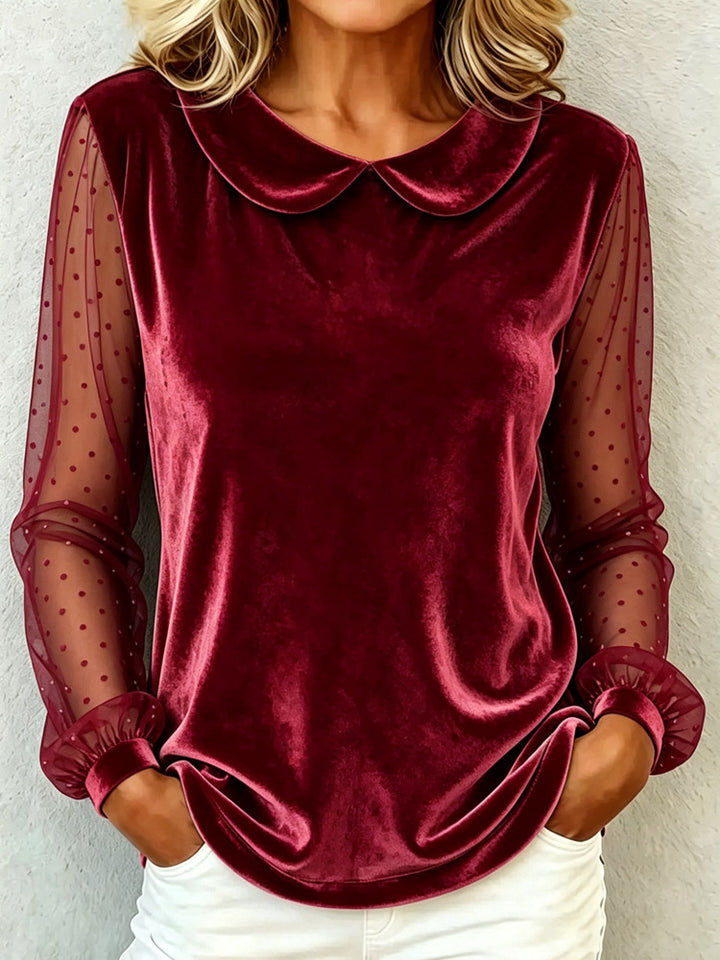 Damen Kuschelige Samtbluse mit Peter-Pan-Kragen und gepunkteten Mesh-Ärmeln Drune