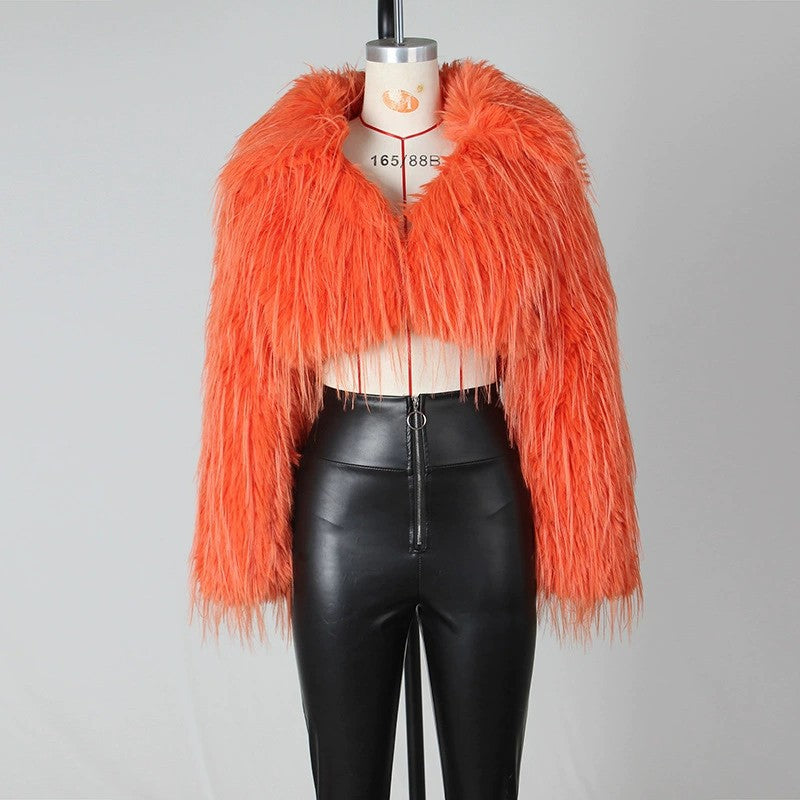 Damen Flauschiger Cropped-Bolero aus Hochflor-Kunstpelz mit spitzem Revers Drune