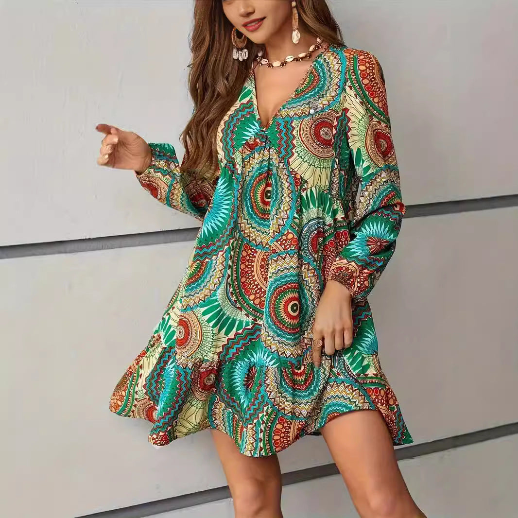 Damen Verspieltes Minikleid mit buntem Muster und knöpfen Drune