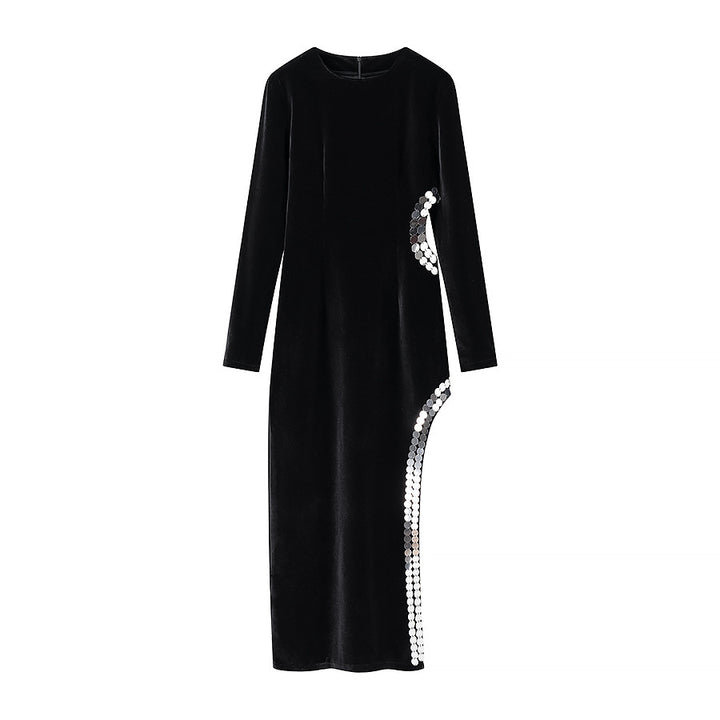 Damen Figurbetontes Samt-Maxikleid mit langen Ärmeln und seitlicher Pailletten-Detailierung Drune