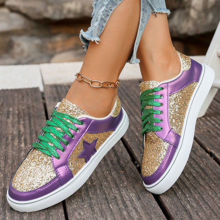Damen modische Plateausneaker mit Glitzerpanelen, Sternapplikation und gepolsterter Komfortsohle Drune