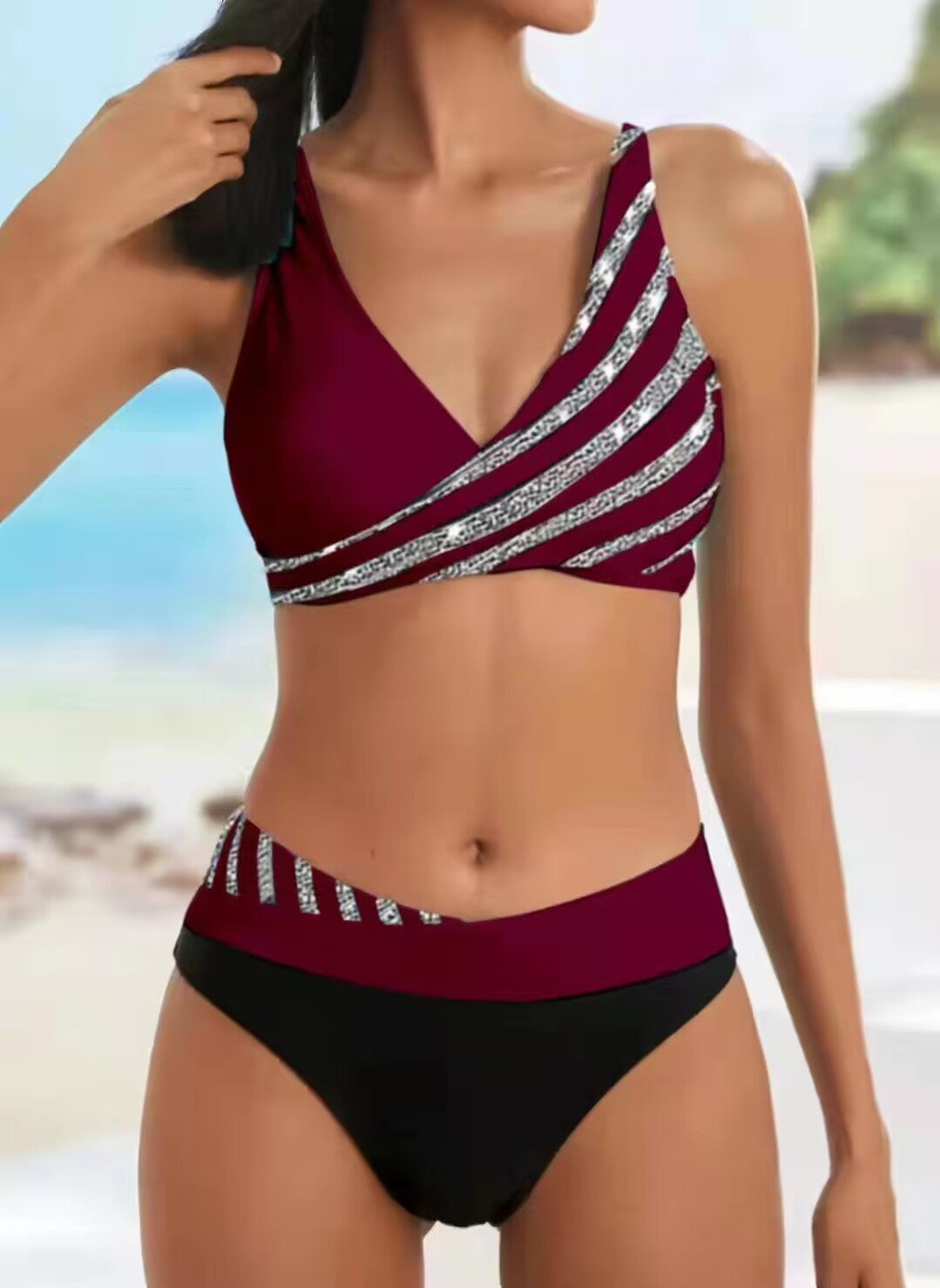 Damen Bikini-Set mit asymmetrischem Oberteil und Kontrast-Design Drune