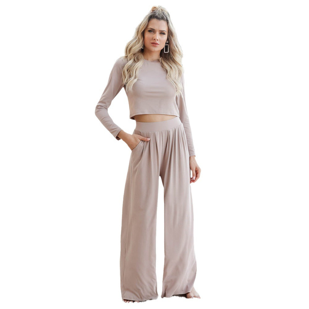 Damen Langarm Cropped Pullover und Hochbund Weite Hose Lounge Set Drune