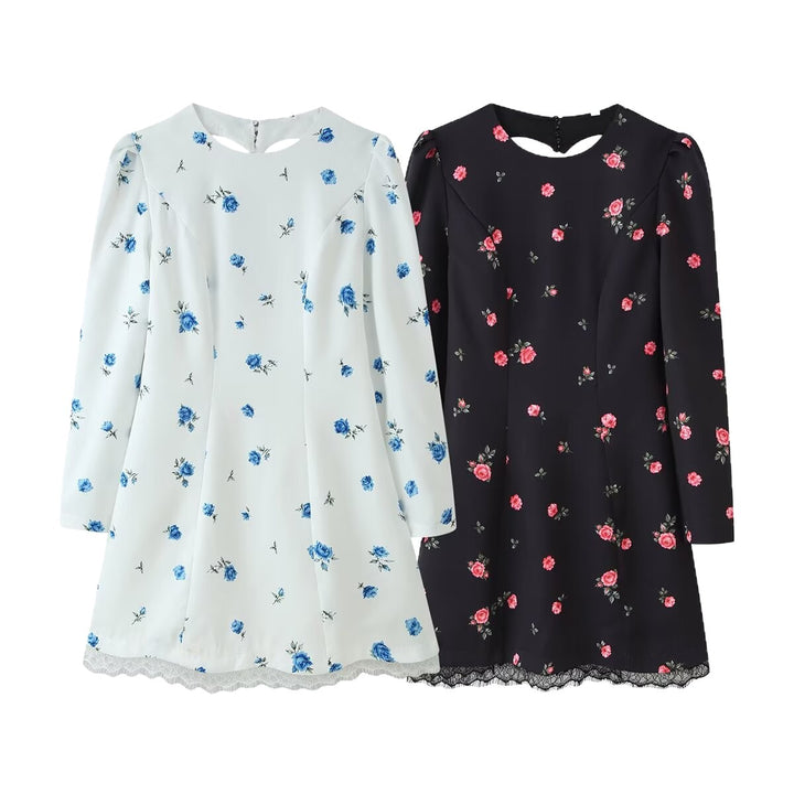 Damen A‑Linien-Minikleid mit langen Ärmeln, floralem Muster und Spitzenbesatz Drune