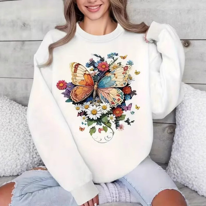 Damen Langarm Sweatshirt mit floralem Schmetterlingsdruck Drune