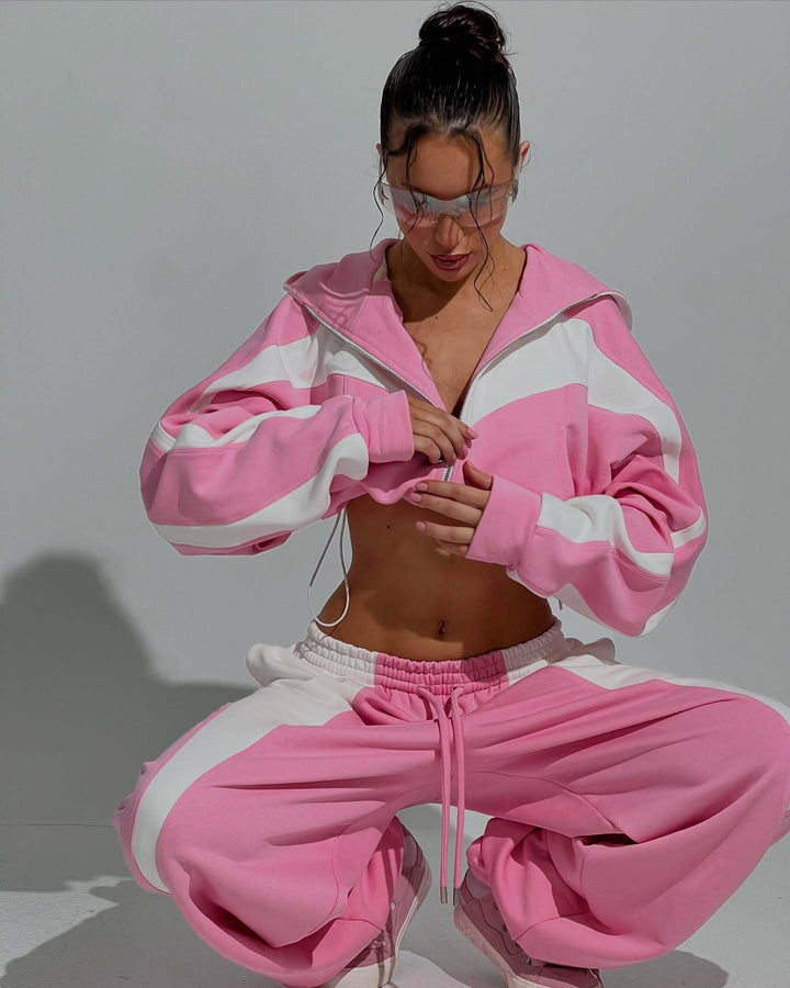 Damen lässiger Sportanzug mit Kapuzenjacke und weit geschnittenen Jogginghosen Drune