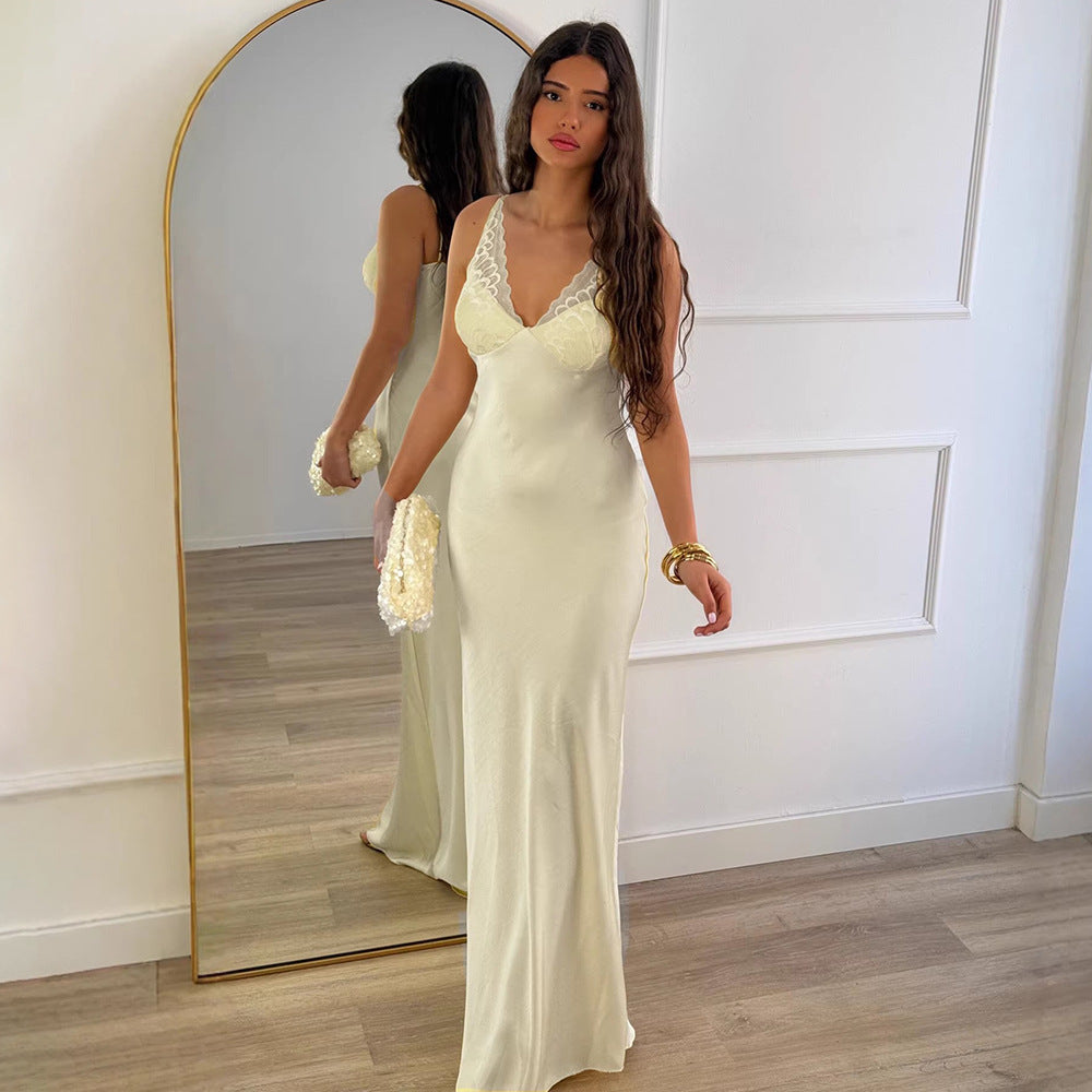 Damen Elegantes Seiden-Maxikleid mit Spitzenverzierung Drune