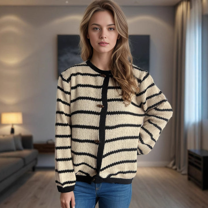 Damen lässiger Strickcardigan mit eleganten Holzknopfdetails und stilvollem Streifenmuster Drune