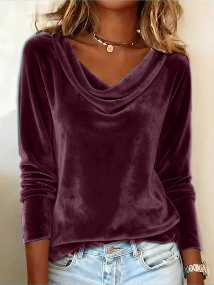 Damen Samt-Longsleeve mit Wasserfallkragen und legerem Schnitt Drune