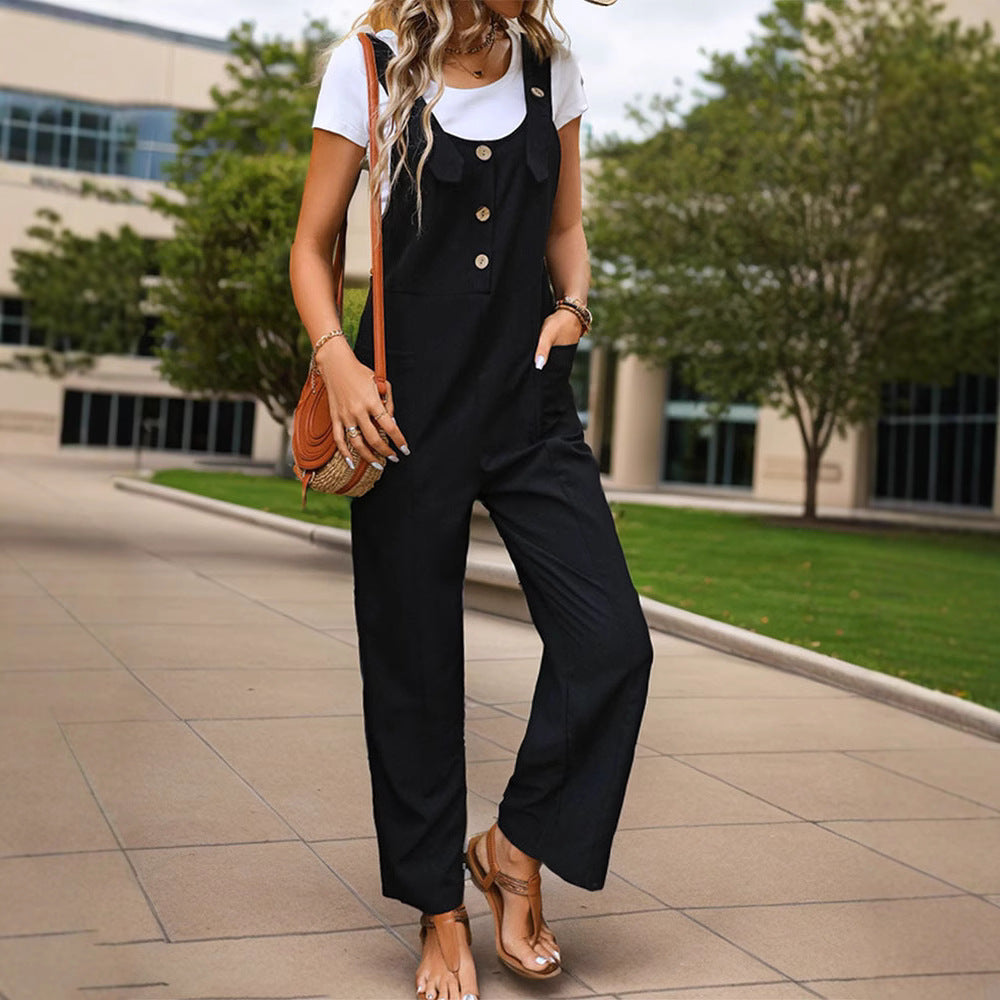 Damen Weichfallender Latz-Jumpsuit mit weitem Bein und Holzknopf‑Verschluss Drune