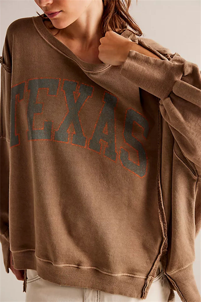 Damen oversized Sweatshirt mit Rüben-Print, ausgefransten Nahtakzenten und Daumenlochärmeln Drune