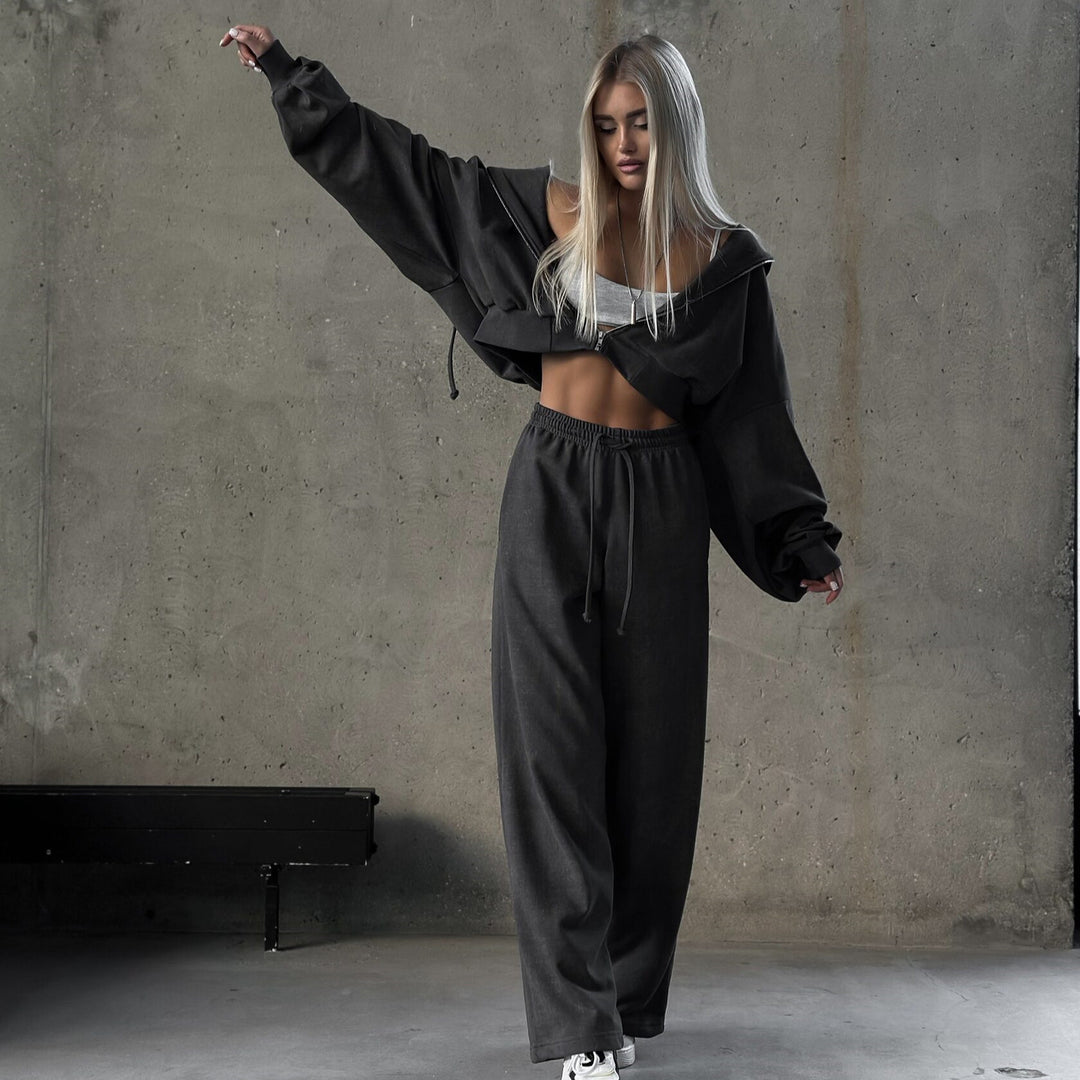 Damen Cropped-Zip-Hoodie und weite High-Waist-Loungehose Zweiteiler Drune