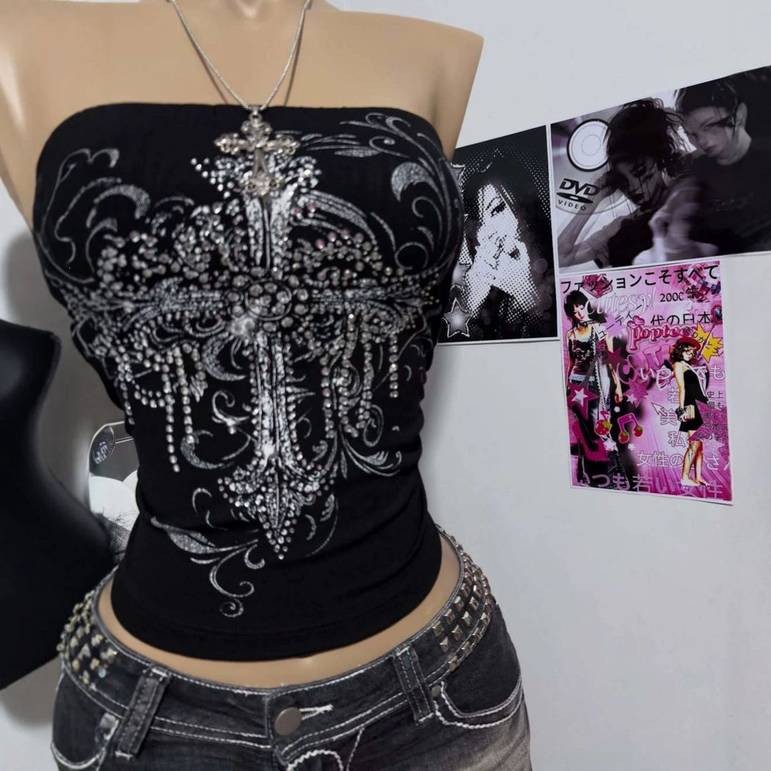 Damen schulterfreies Top mit eleganter Strass-Verzierung Drune