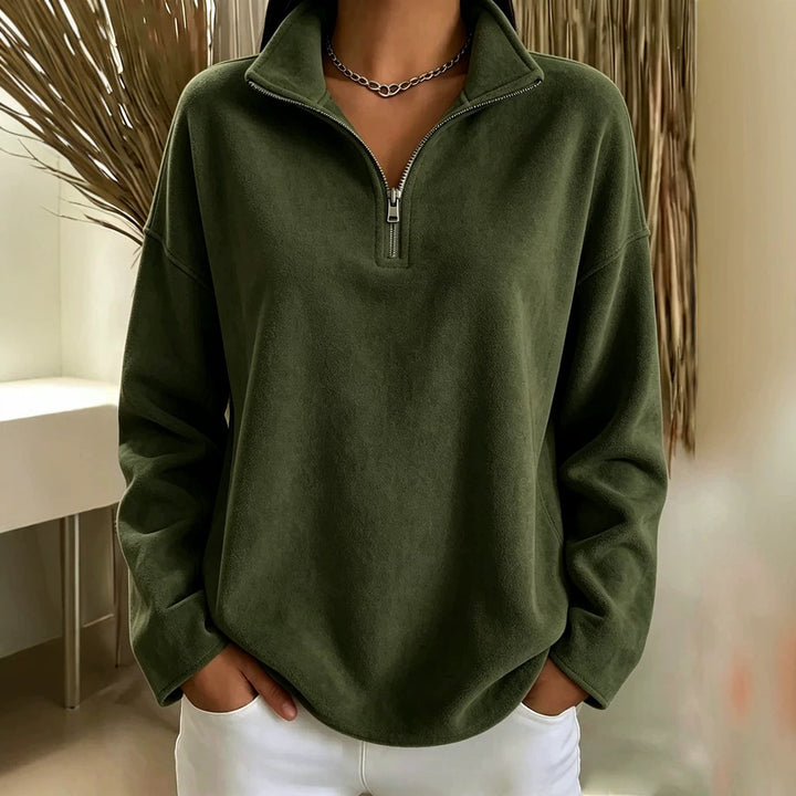 Damen Kuscheliger Oversize-Fleecepullover mit halbem Reißverschluss und Stehkragen Drune