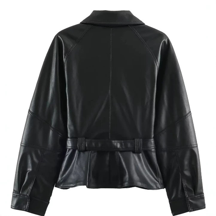 Damen Kurzjacke aus veganem Leder mit Taillengürtel und überschnittenen Schultern Drune