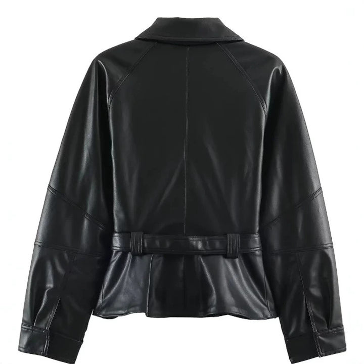 Damen Kurzjacke aus veganem Leder mit Taillengürtel und überschnittenen Schultern Drune