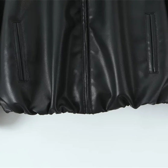 Damen Oversize-Kunstleder-Bomber mit Hemdkragen, verdecktem Reißverschluss und ballonärmeln Drune