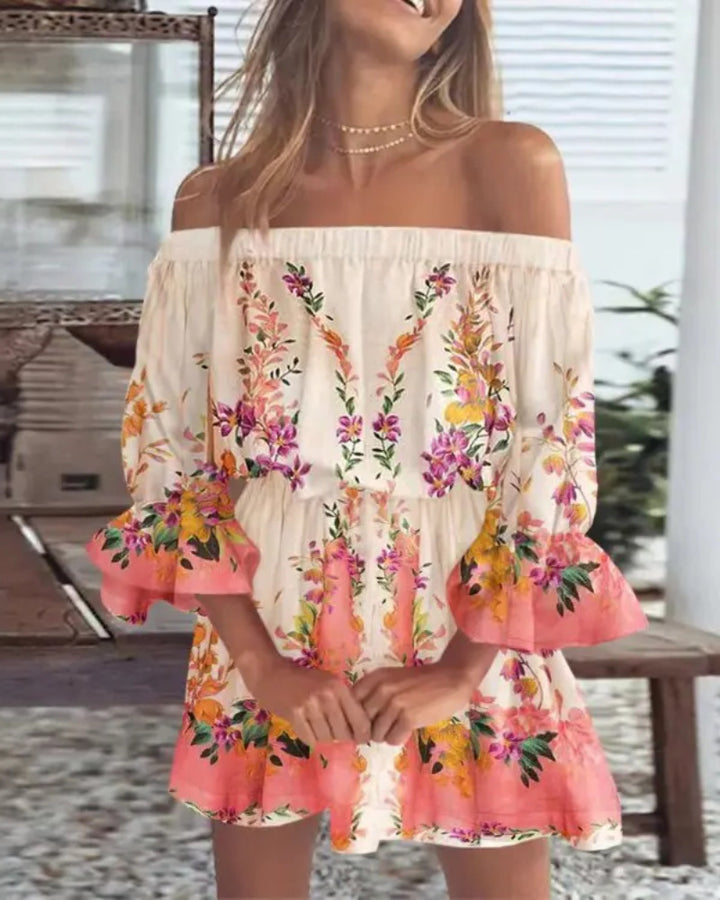 Damen Schulterfreies Minikleid mit elastischer Taillenpassform und Volantärmeln Drune