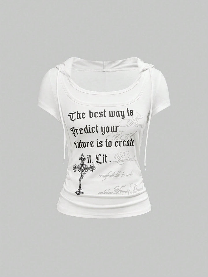 Damen Kapuzen-T-Shirt mit einzigartigem Schriftzug Drune