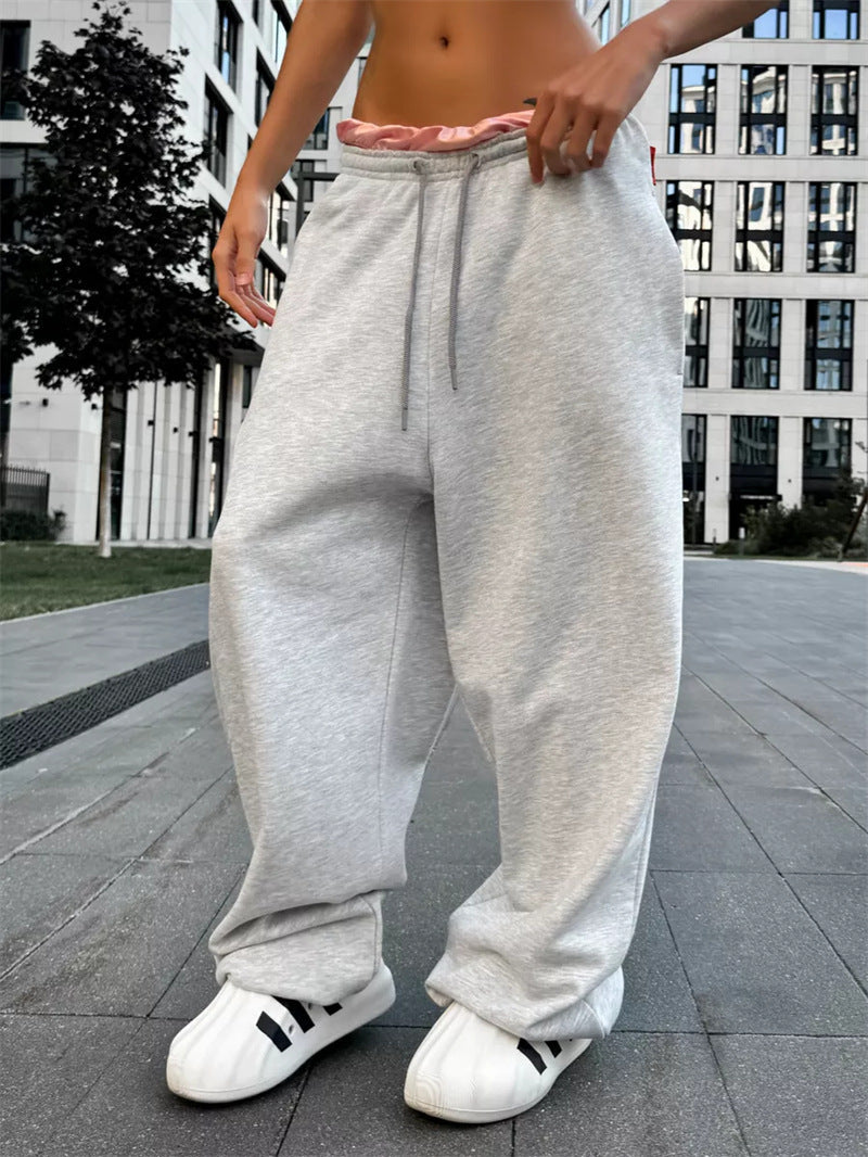 Damen oversized Fleece-Sweathose mit tiefem Schritt, Kordelzugbund und lässiger Streetwear-Passform Drune