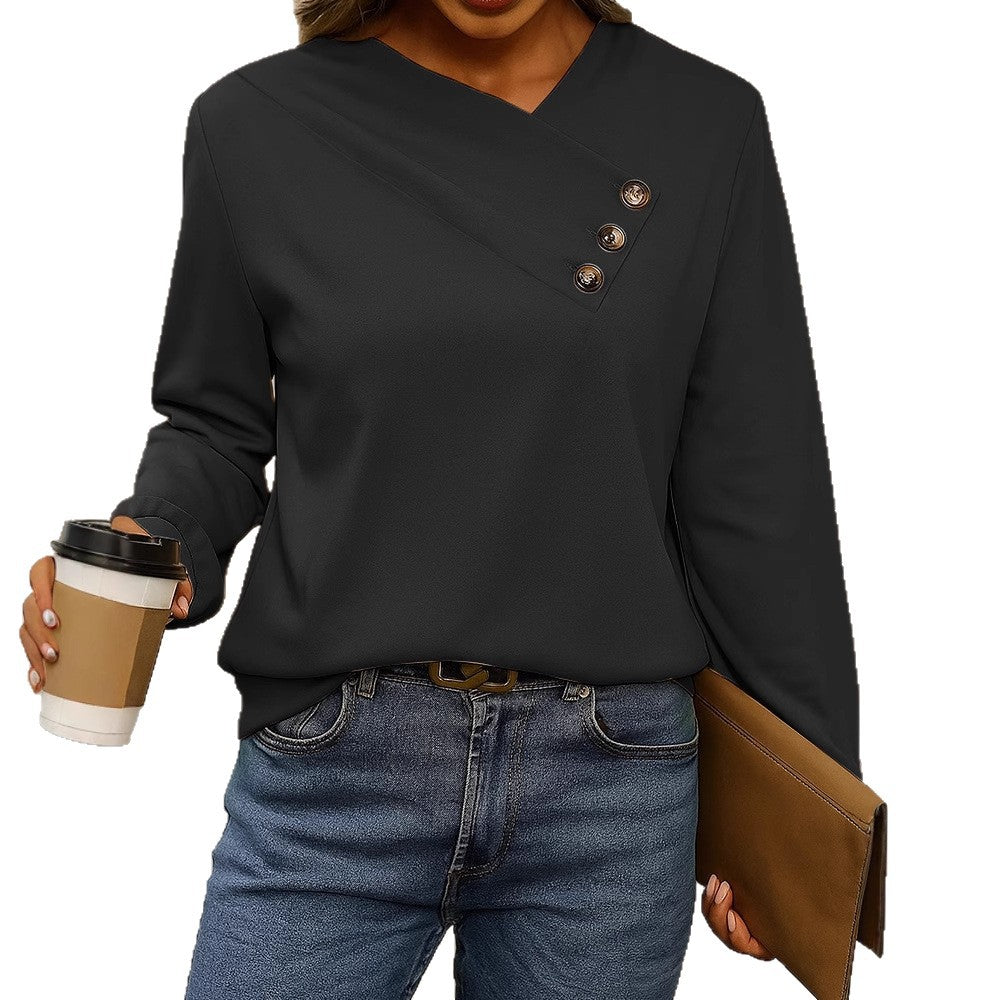 Damen Asymmetrische V-Ausschnitt Bluse mit Zierknopfleiste und Langarm Drune