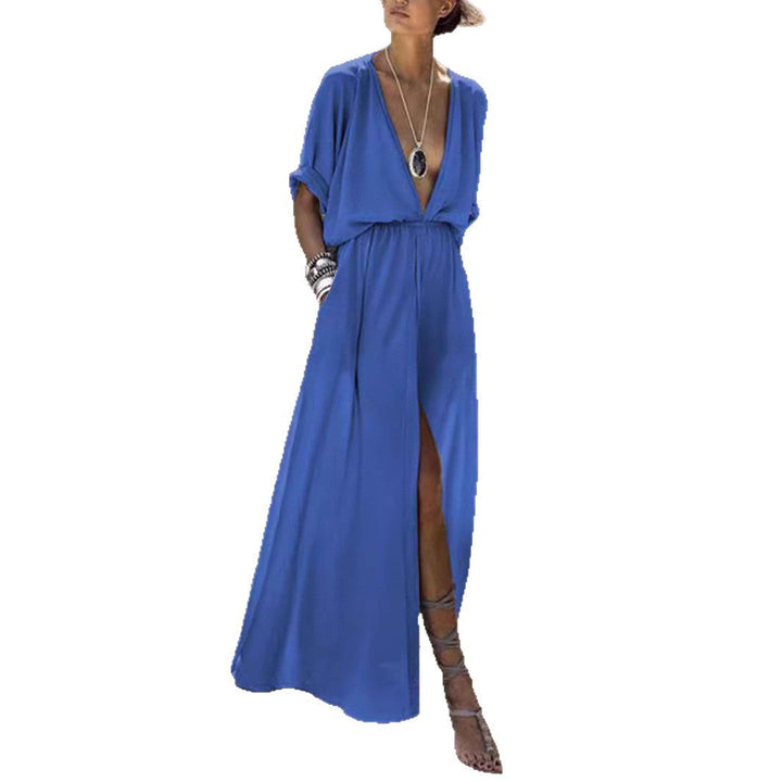 Damen Elegantes Maxikleid mit tiefem V-Ausschnitt und hohem Schlitz Drune