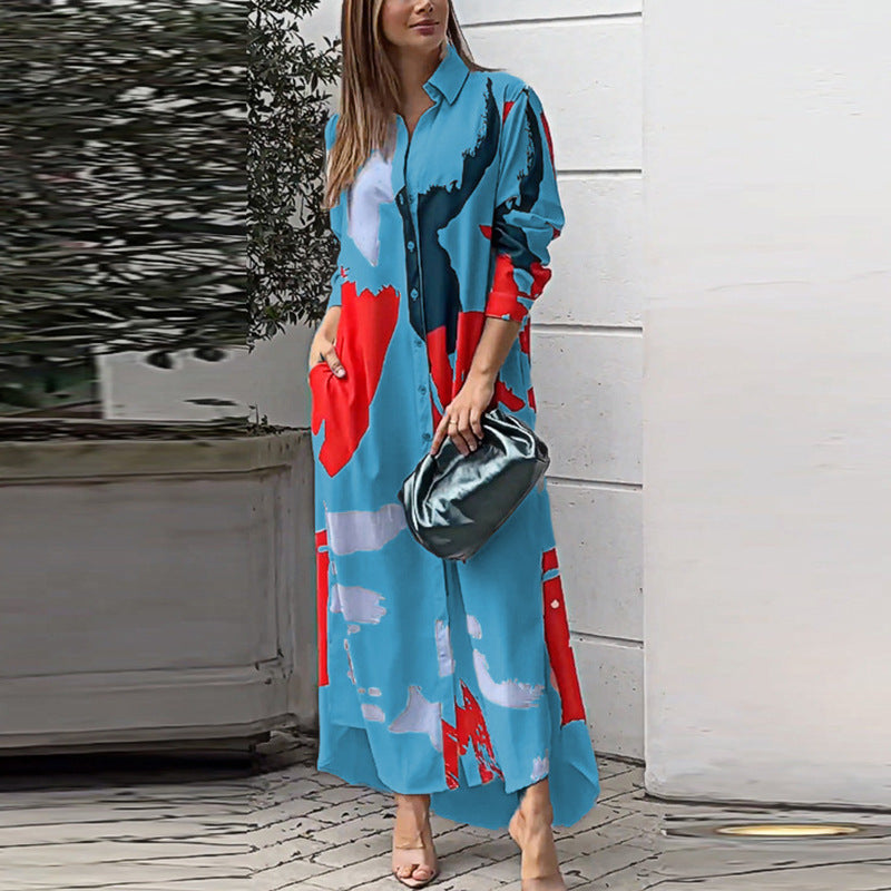 Damen Langes Hemdblusenkleid mit abstraktem Pinselprint und seitlichen Eingrifftaschen Drune