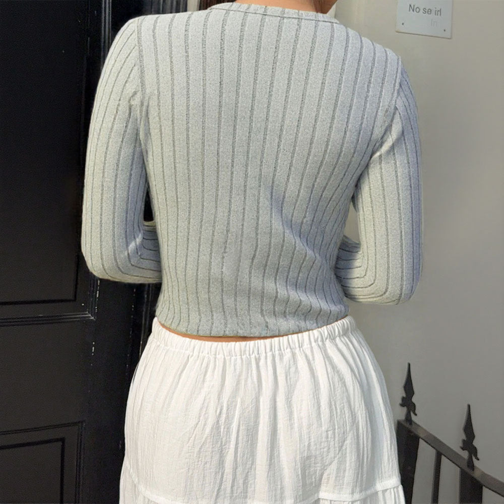 Damen gerippter taillierter V‑Ausschnitt Knopfcardigan Feinstrick Drune