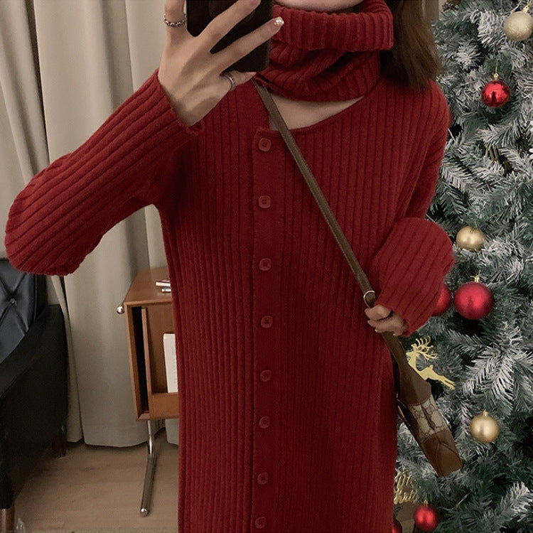 Damen Strickkleid mit weitem Rollkragen und durchgehender Knopfleiste Drune