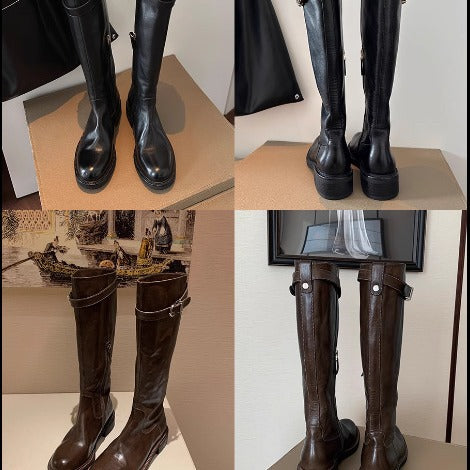 Damen kniehohe Lederstiefel mit flacher Profilsohle und Ziergurt Drune
