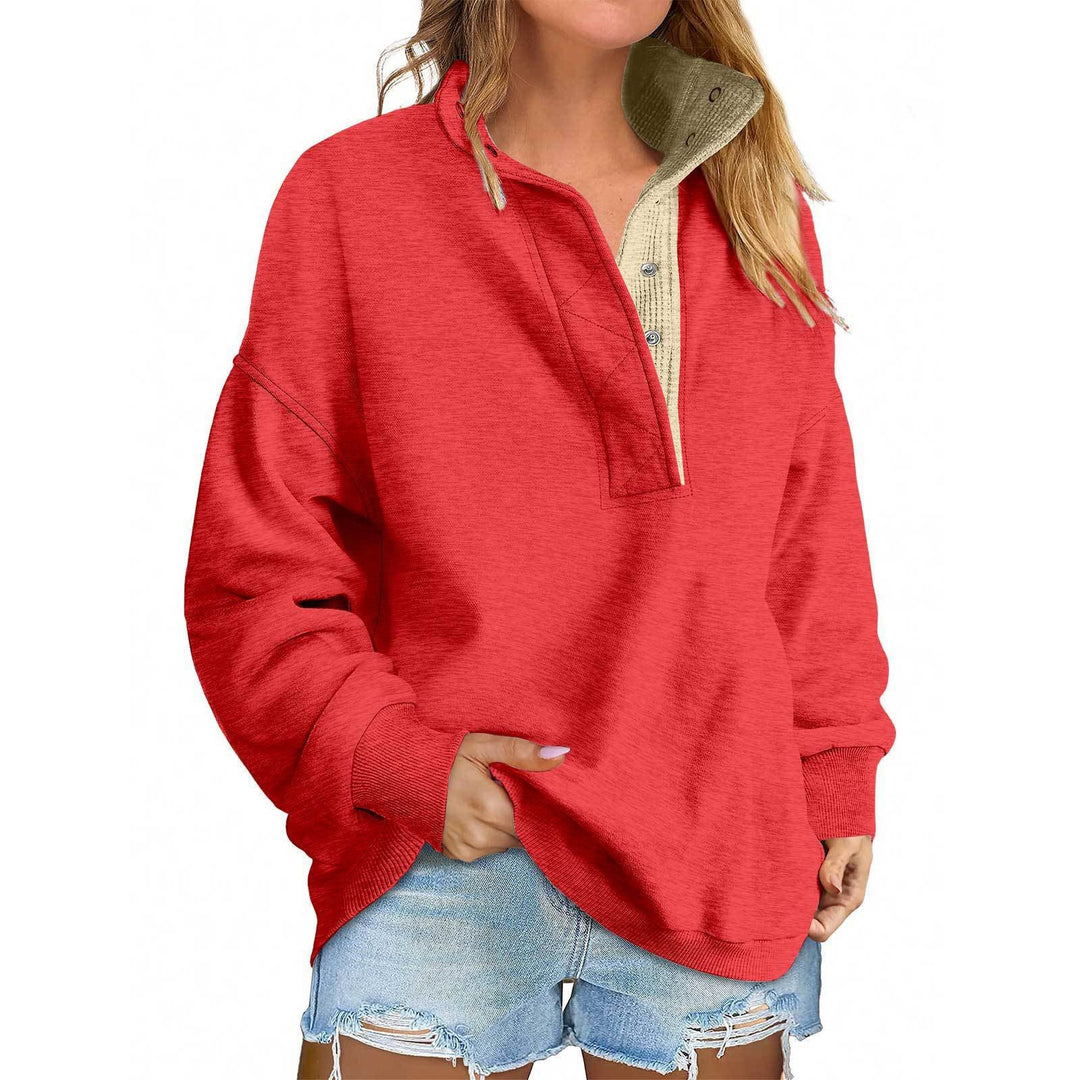 Damen Oversize-Henley-Sweatshirt mit Stehkragen und Druckknopfleiste Drune
