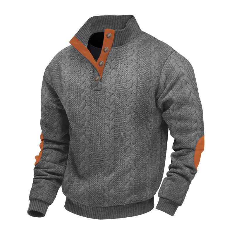 Herren nan grober Zopfstrick Troyer mit Knopfleiste und Veloursleder-Ellenbogenpatches Drune
